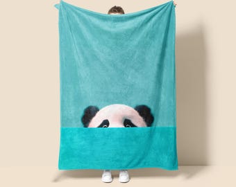 Panda Fleece Blanket, Minimalist Tapestry Throw, Lake Blue Decor