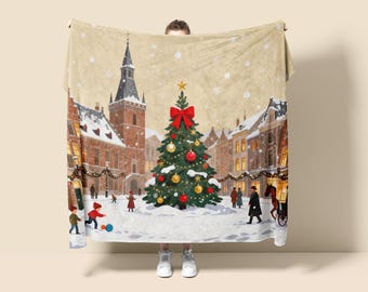 Christmas London Fleece Blanket, Vintage Holiday Throw, Wall Art Decor