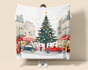 Nostalgic Christmas Fleece Blanket, Vintage Holiday Tapestry Throw