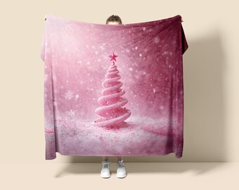 Pink Christmas Tree Fleece Blanket, Holiday Tapestry Throw