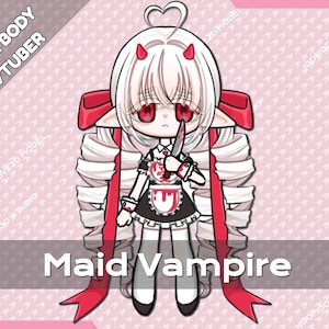 May include: A full-body VTuber illustration of a Maid Vampire. The character has white hair, red eyes, and small horns. She wears a black and white maid outfit and holds a knife. The text "Maid Vampire" is displayed at the bottom.