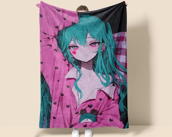Hot Girl Anime Fleece Blanket, Manga Tapestry Throw, Game Room Decor, Anime Wall Art, Christmas Gift for Otaku, Hatsune Miku Merch