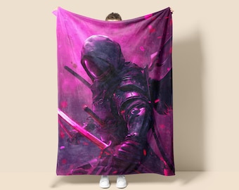 Cyberpunk Ninja Fleece Blanket, Game Room Tapestry Throw