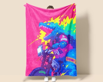 Kaiju Biker Fleece Blanket, Anime Godzilla Tapestry, Game Room Decor