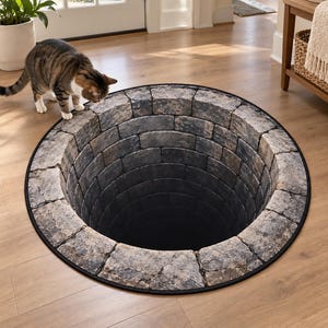 May include: A round area rug featuring a 3D optical illusion print of a deep, dark stone well. The design consists of grey and brown rectangular stone blocks arranged in a circular pattern, creating the appearance of a hollow pit.