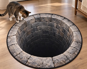 3D Stone Well Illusion Rug | Bottomless Brick Pit Floor Mat | Optical Hole Round Carpet