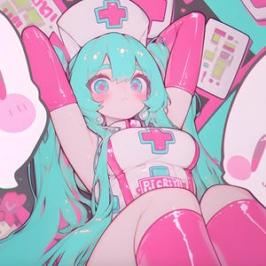 May include: Anime-style illustration of a character in a nurse's uniform. The character has long, turquoise hair and is wearing a white uniform with pink accents, including a cross emblem. The background features medical-themed elements and the text "Yamcha Wallpaper Design".