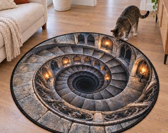 Candlelit Gothic Staircase Round Rug with a Spiral Depth Illusion