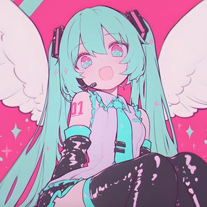 Puede incluir: Ilustración de estilo anime de un personaje con largas coletas turquesas, ojos grandes y alas de ángel. El personaje viste un atuendo blanco y turquesa con detalles en negro, y el fondo es rosa con rayas y estrellas turquesas. El texto en la imagen dice "Yamcha Wallpaper Design."