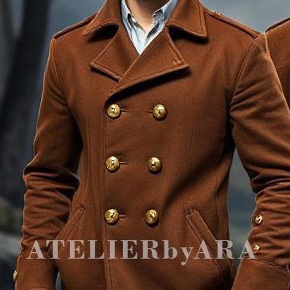 メンズブラウンウールピーコート：ダブルブレスト冬用コート - Etsy 日本