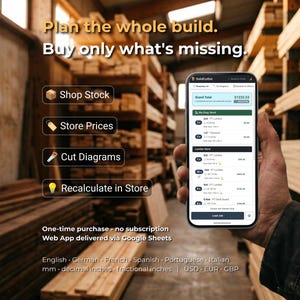 May include: A smartphone displaying the SolidCutList web app interface, featuring a lumber shopping list with a grand total. Text overlays include Plan the whole build. Buy only what's missing, Shop Stock, Store Prices, Cut Diagrams, and Recalculate in Store.