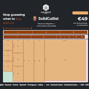 SolidCutlist — aplikacja internetowa do optymalizacji listy cięć w obróbce drewna dostarczana za pośrednictwem Arkuszy Google | Drewno i sklejka | Zakup jednorazowy
