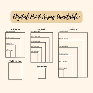 May include: A beige graphic with the text "Digital Print Sizing Available:" and various rectangular outlines representing different print sizes, including 4:5, 3:4, and 2:3 ratios, with measurements in inches.