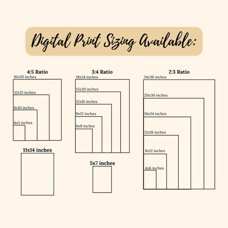 May include: A beige graphic with the text "Digital Print Sizing Available:" and various rectangular outlines representing different print sizes, including 4:5, 3:4, and 2:3 ratios, with measurements in inches.