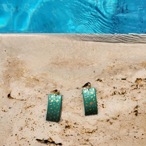 Handmade Polymer Clay Earrings | Green and Gold Geometric Dangle Earrings – Rectangle & Circle - Gift For Her