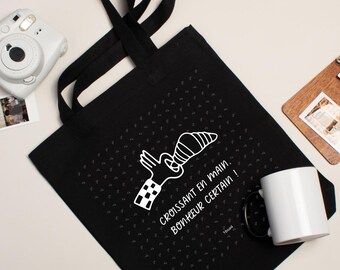 Tote bag "Croissant in hand, certain happiness!" Frenchy organic cotton bag | Coffee & croissant gift idea | Good vibes aesthetic tote - Mwasi