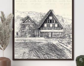 白川郷の水彩画：茅葺き屋根の集落を描いた日本のアートプリント
