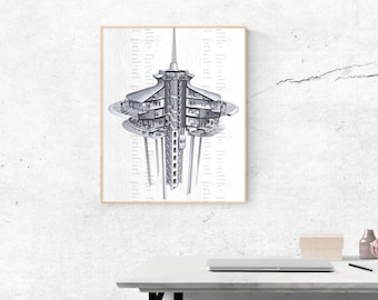 Space Needle Restaurant - Architectural Rendering - Seattle Worlds Fair 1962 - Reproduction