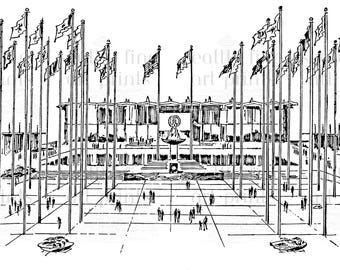 Plaza of the States - Flag Pavilion - Architectural Rendering - Seattle Worlds Fair 1962 - Reproduction
