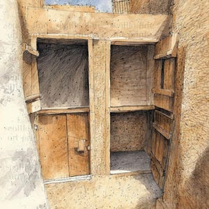 Könnte beinhalten: Aquarell-Architekturillustration des Innen- und Außenbereichs eines Gebäudes. Das Kunstwerk zeigt eine Struktur mit Holztüren, einer Steinfassade und einem Blick auf den Himmel. Die Farbpalette wird von warmen Erdtönen dominiert.