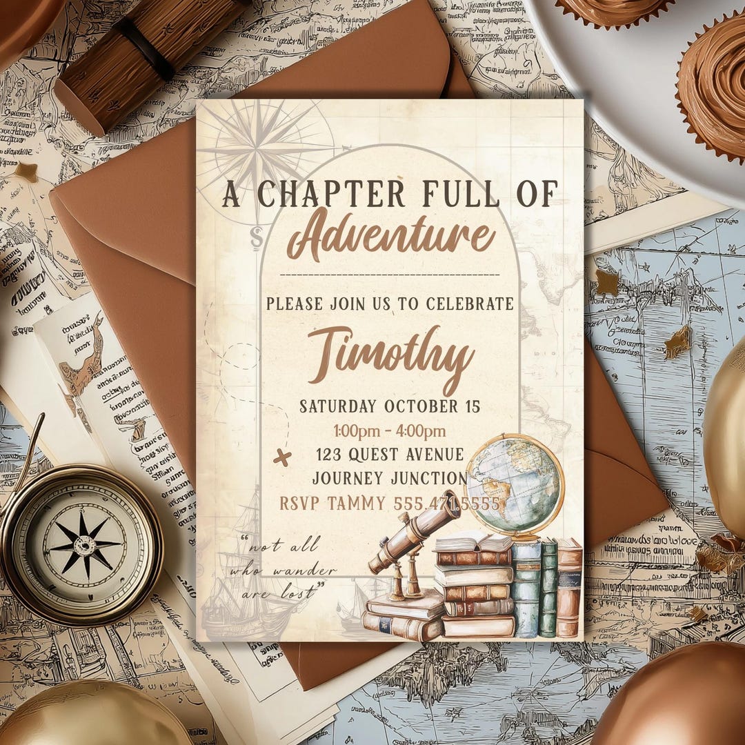 Adventure Birthday Invitation Template: Bookish Explorer Theme (5x7 ...