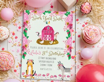 Invitación de cumpleaños de vaquera rosa en el granero: Fiesta de animales de granja (Plantilla Canva de descarga digital de 13 x 18 cm)