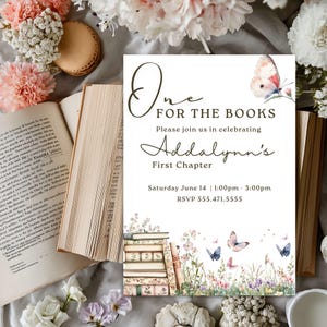 Book Theme Birthday Invitation: First Chapter, Editable Canva Template (Digital Download)