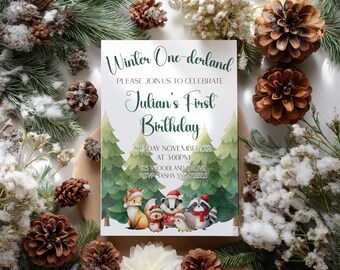 Winter ONEderland Invitation, First Birthday Canva Template, Printable Winter Theme DP005