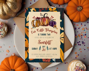 Invitación de cumpleaños con temática de otoño, 5x7, editable en Canva, para imprimir o enviar digitalmente.