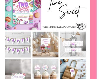 Op de afbeelding: Een collage van feestdecoraties met een "Two Sweet" thema. Bevat een uitnodiging, banner, bord, waterfleslabels, een voedselkaart, cupcake toppers en een cadeauzakje. Het kleurenschema is pastelroze, blauwgroen en paars.