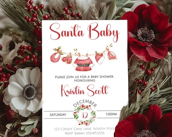 May include: A festive baby shower invitation with the words "Santa Baby" in red script. The invitation features watercolor illustrations of Santa-themed baby clothes hanging on a clothesline, with the date and time of the event.