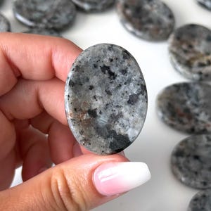 Könnte beinhalten: Eine Sammlung glatter, ovaler Steine mit einem gesprenkelten Muster aus grauen, schwarzen und weißen Mineralflecken. Jeder Stein hat eine polierte, glänzende Oberfläche und zeigt natürliche Variationen in der Textur des gesprenkelten Gesteins.