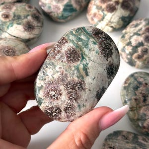 May include: A polished, oval-shaped ocean jasper stone featuring a smooth surface with a mottled pattern of deep forest green, creamy white, and dark brown circular floral-like inclusions scattered across the entire face of the mineral specimen.