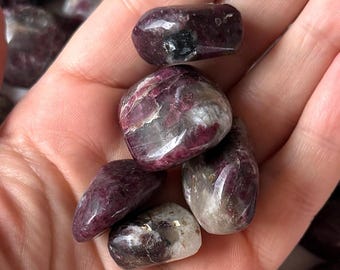 May include: A handful of polished, tumbled gemstones in shades of deep burgundy and gray. The stones have a smooth, rounded shape and a glossy finish, with variations in color and translucency. The gemstones are held in an open hand.