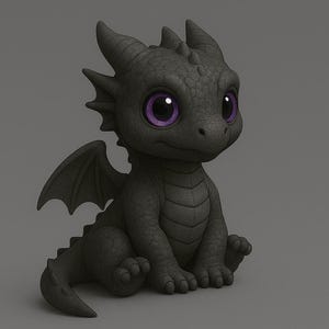 Puede incluir: Figura de dragón negro con grandes ojos morados, pequeñas alas y cuerpo texturizado. El dragón está sentado con las piernas hacia adelante y la cola enroscada. El fondo es gris liso.