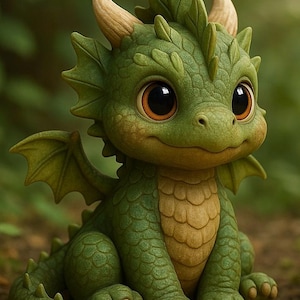 May include: A charming green dragon figurine with large, expressive eyes and small, curved horns. The dragon has detailed scales and small wings, with a light tan belly. The overall design is whimsical and friendly, perfect for fantasy enthusiasts.