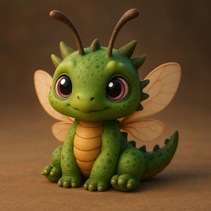 May include: A whimsical green dragon figurine with large, expressive eyes and delicate wings. The dragon has a friendly expression, with a yellow belly and a spiky spine. The figurine is a charming fantasy creature.