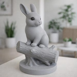Puede incluir: Una figura de conejo gris sentada sobre un tronco. El conejo tiene orejas grandes y mira hacia la derecha. El tronco tiene una superficie texturizada y está unido a una base redonda. La figura es un objeto decorativo.