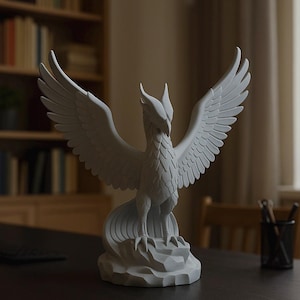 May include: A detailed, light gray phoenix sculpture with outstretched wings. The mythical bird is perched on a rocky base, showcasing intricate feather detailing. The sculpture is a decorative item, suitable for home decor.
