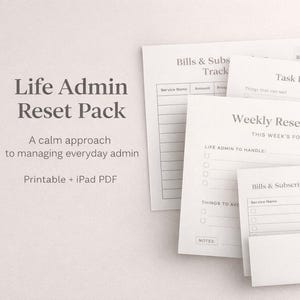 Peut inclure: Plusieurs pages de planificateur imprimables blanches avec le texte "Life Admin Reset Pack" et "Bills & Subscription Tracker". Les pages comprennent des sections pour le suivi des tâches et la concentration hebdomadaire. Design minimaliste.