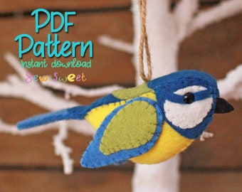 Bluetit digital pdf sewing pattern tutorial for wool felt hand sewn british bird ornamnets