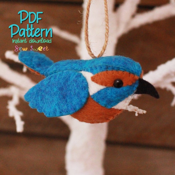 Kingfisher digital pdf sewing pattern tutorial for wool felt hand sewn british bird ornamnets