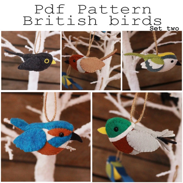 digital pdf sewing pattern tutorial for wool felt hand sewn british bird ornamnets set 2