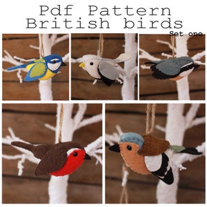 digital pdf sewing pattern tutorial for wool felt hand sewn british bird ornamnets set 1