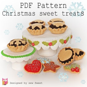 Christmas Sweet treats pdf pattern with Cake stand & mince pies, sew your own, wool felt, felt sewing, make your own, play food, felt food,