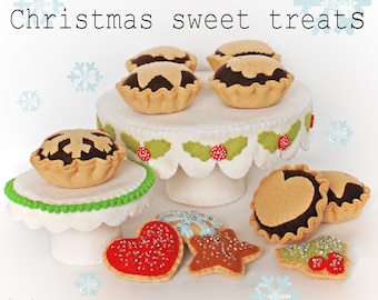 Christmas Sweet treats pdf pattern with Cake stand & mince pies, sew your own, wool felt, felt sewing, make your own, play food, felt food,