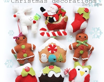 Tutorial de patrón de costura digital en formato PDF para adornos navideños de árbol cosidos a mano con fieltro de lana