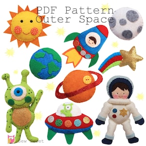 May include: PDF pattern for felt outer space toys. The pattern includes a rocket, astronaut, alien, UFO, sun, earth, planet, and a shooting star.  The pattern is for sewing and crafting.