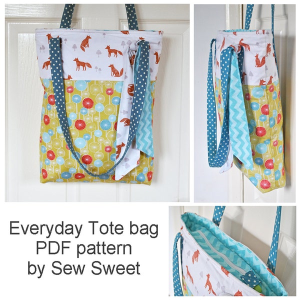 Miss Foxy 'Everyday Tote bag' PDF sewing pattern, craft tote, storage, zippered bag, gusset, sew your own, diy, fabric, sew sweet