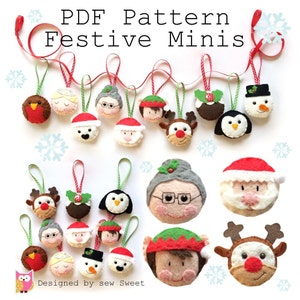 May include: A PDF pattern for festive felt ornaments. The pattern includes 15 different designs, including Santa, a penguin, a snowman, a reindeer, and an elf. The pattern is designed by sew Sweet.